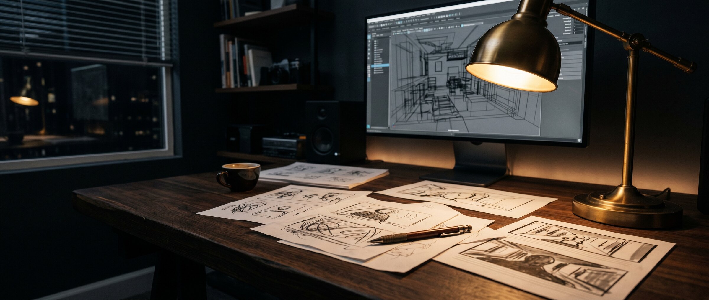 Storyboards and a 3D viewport on Josh's desk