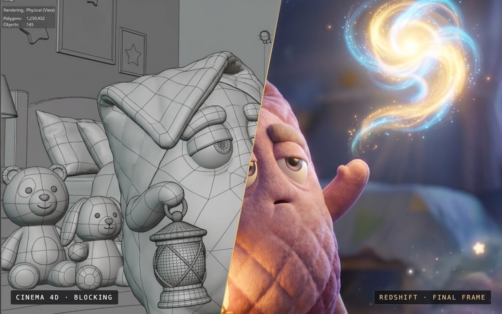 The same frame: Cinema 4D blocking on the left, final Redshift render on the right