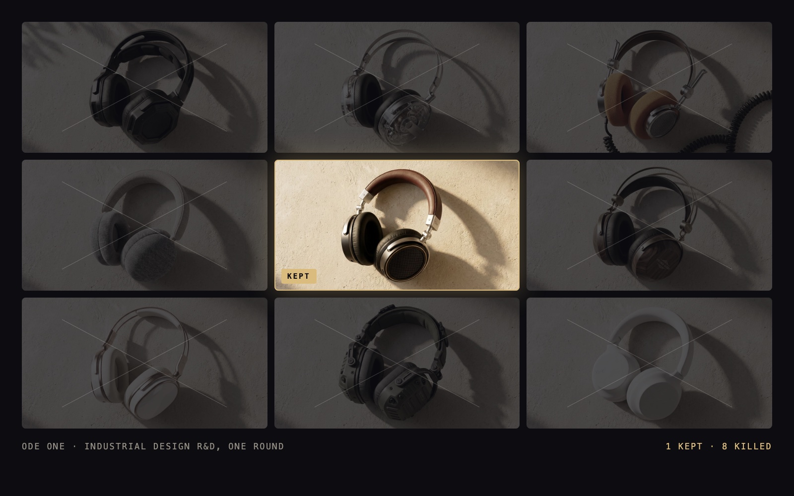 One round of industrial design R&D for ODE: one kept, eight killed