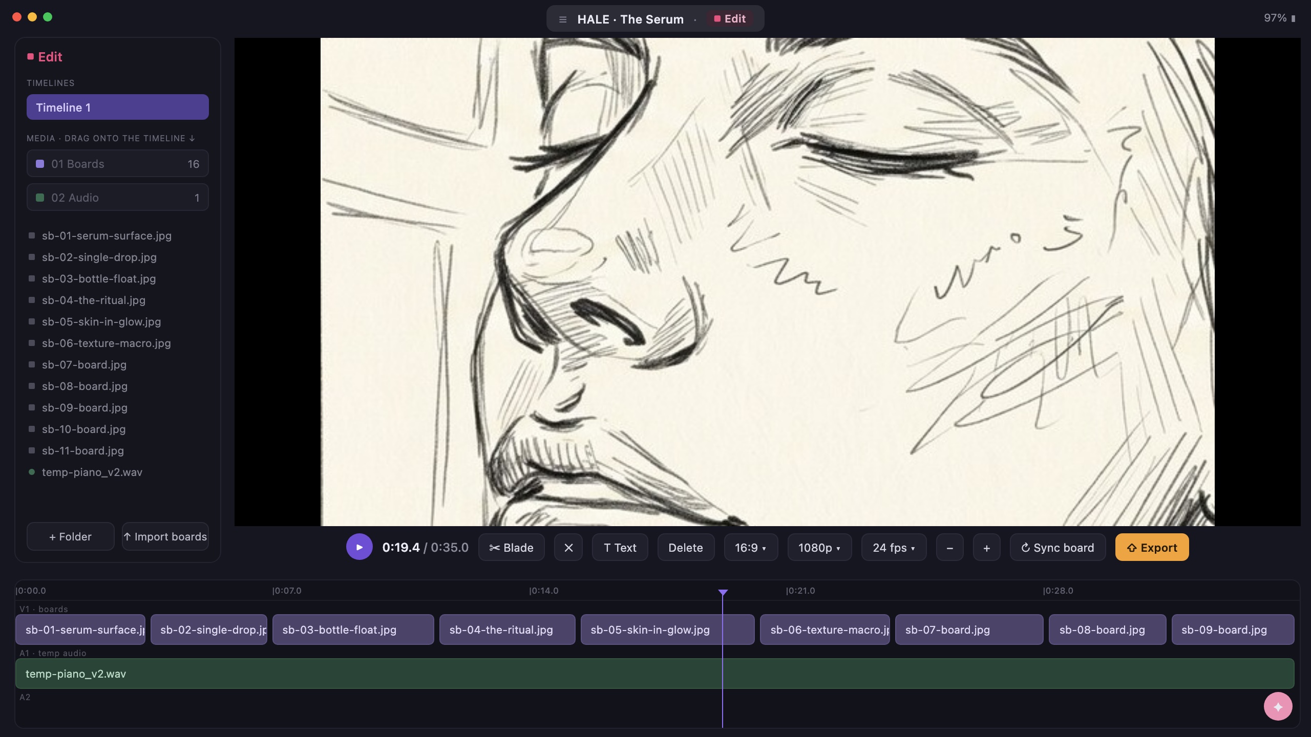 The animatic, timed in Coveboard