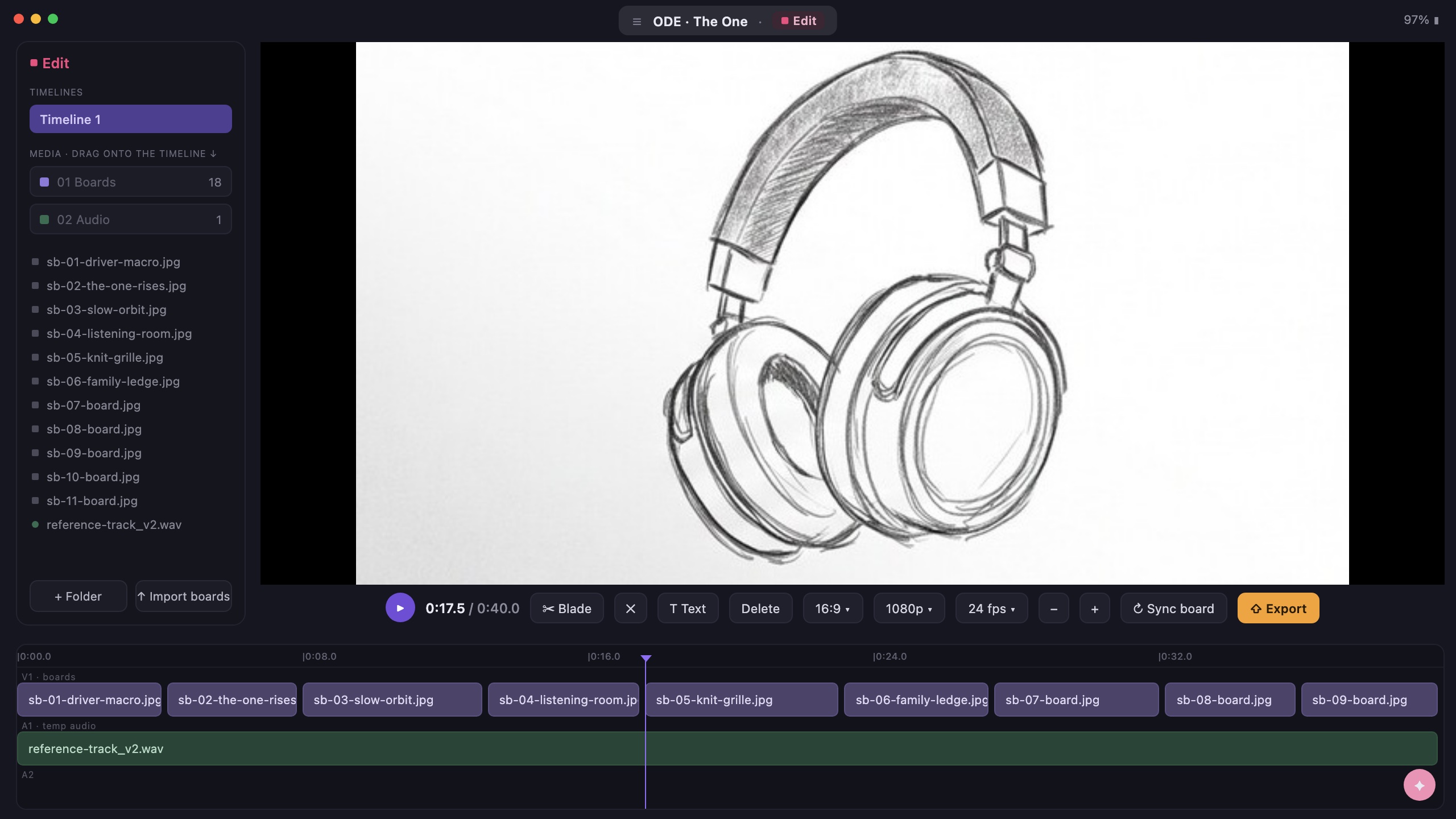 Boards on the Coveboard timeline, cut to the reference track