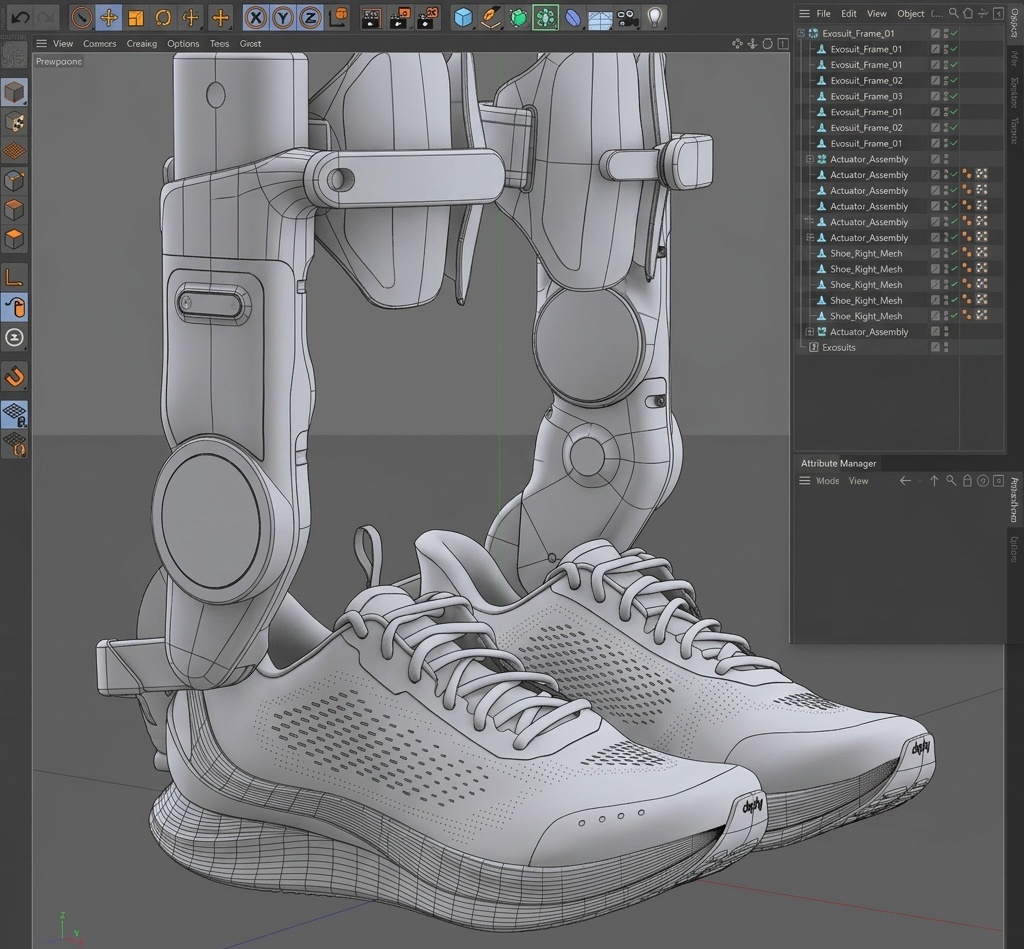 Working viewport, exosuit and shoe assembly