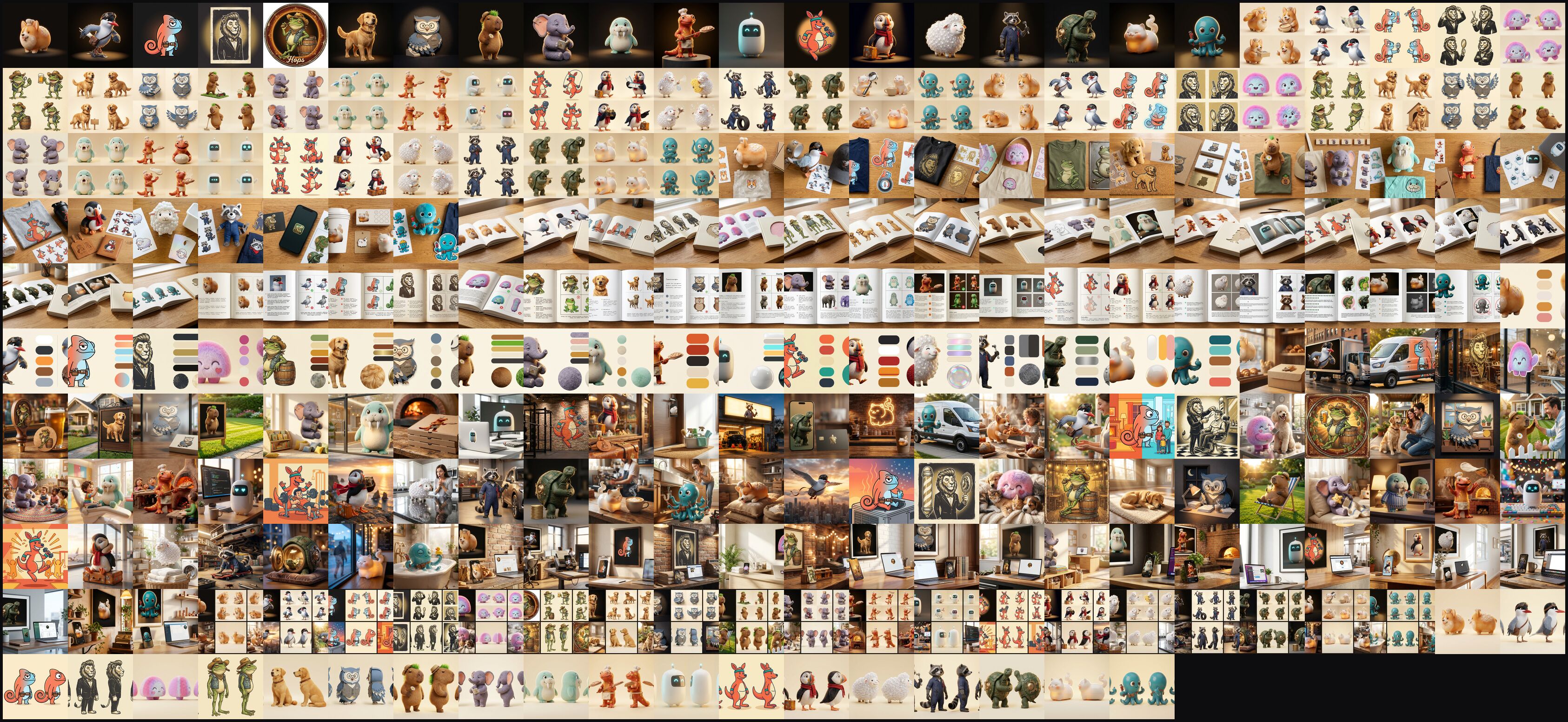 The library, in one look: 258 finished pieces across twenty characters.